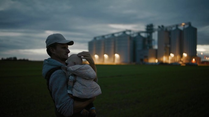 晚上，男农民在谷仓里抱着女儿