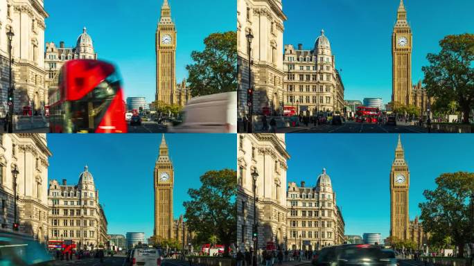 英国伦敦，英国，英国，拥挤的行人和游客在大本钟、议会大厦和威斯敏斯特大桥上散步观光的延时镜头