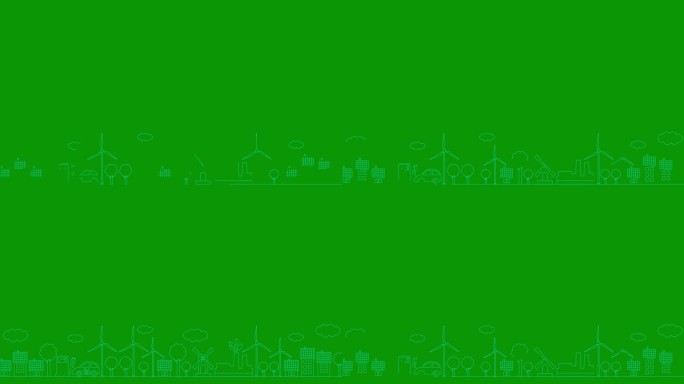 绿色能源城市的动画线性蓝色图标。绘制线条符号。可持续发展、环保、可再生能源、绿色科技的理念。插图孤立
