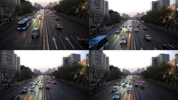 北京长安街的城市交通倾斜视图