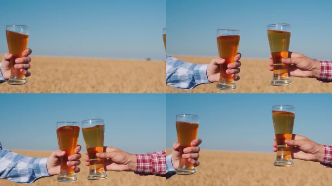 特写镜头:拿着啤酒杯的手在麦田的背景上碰杯
