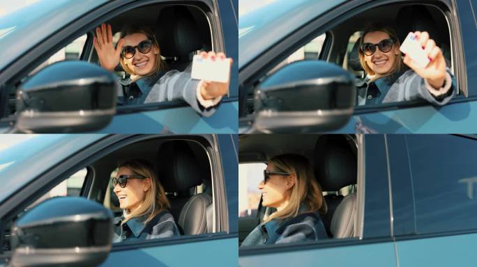 快乐的女人向车窗外展示她的新驾照，然后开车走了