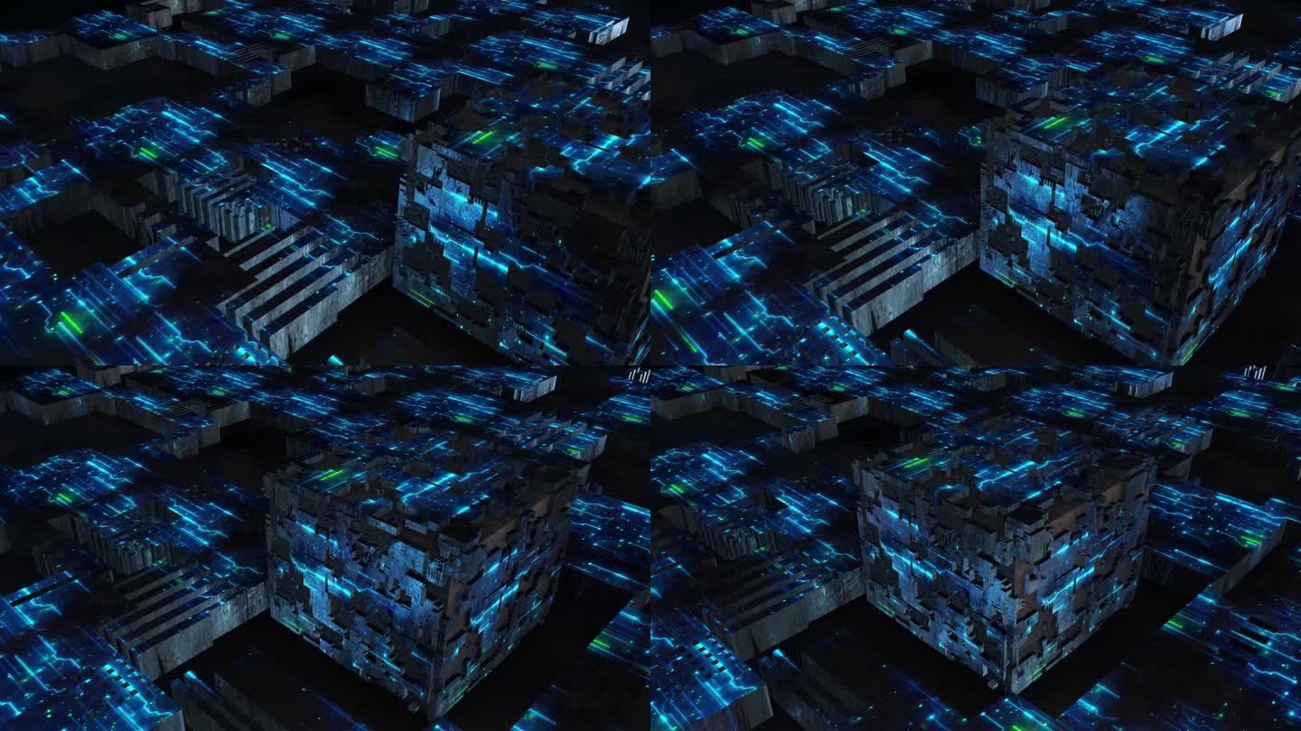 抽象的数字数据，科技立方体盒子，科幻霓虹灯在黑暗的背景