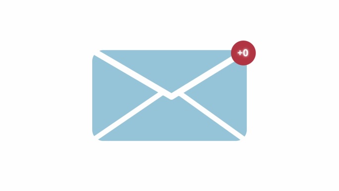 白色背景上的隔离邮件收件箱通知动画。在平面2D邮件图标的右上角计数到+99的通知。