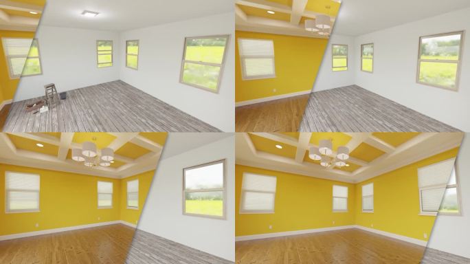 未完成的主卧室前后，以格子天花板和新鲜大胆的黄色油漆进行全面翻新