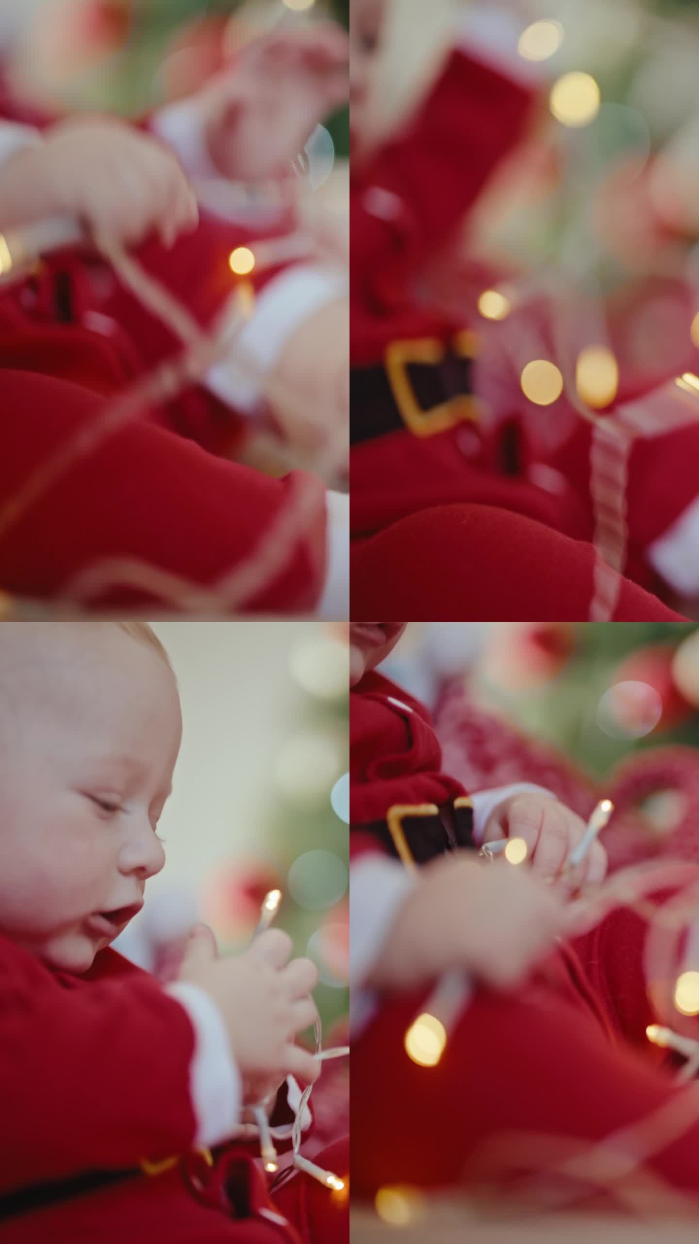 可爱的小男孩穿着圣诞老人的服装在家里玩着点亮的圣诞灯