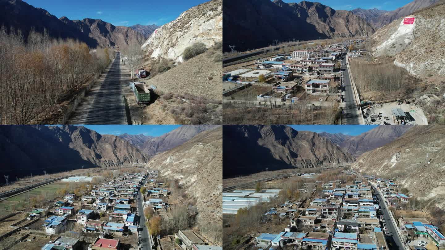 西藏雅鲁藏布江河谷中的村落和公路