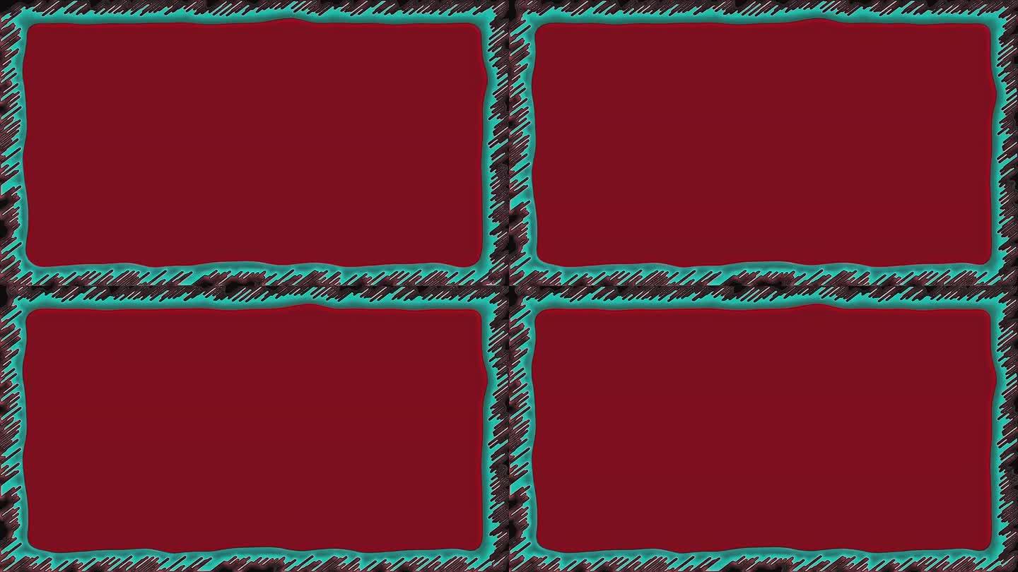 在深红背景上的绿松石和黑色的弯曲线动画边框图案，中央复制空间