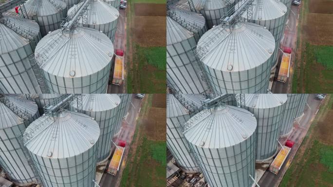 无人机在农场拍摄装满谷物的筒仓卡车