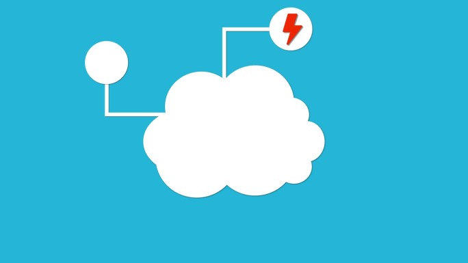 云计算概念图形，蓝色背景上有存储能量和共享的图标。