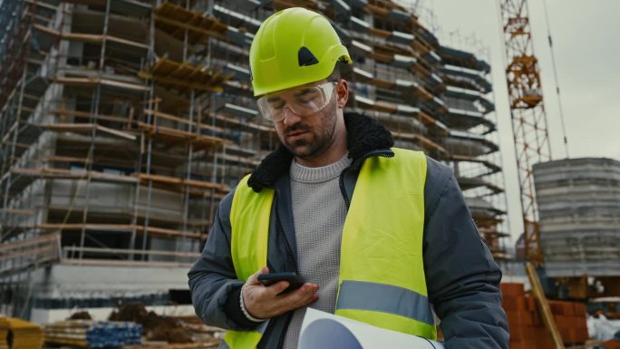 身穿防护服、手持蓝图的年轻男工程师在工地未完工的建筑前用智能手机交谈