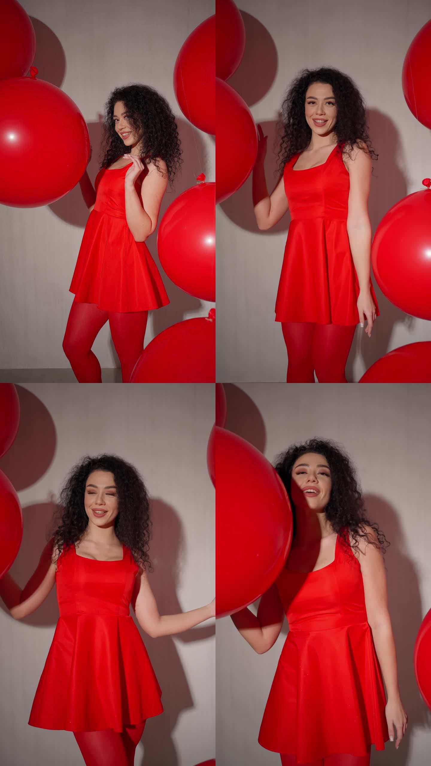 穿红衣服拿气球的女士。一头卷发，身穿红色连衣裙和紧身衣的女子拿着超大气球摆姿势。