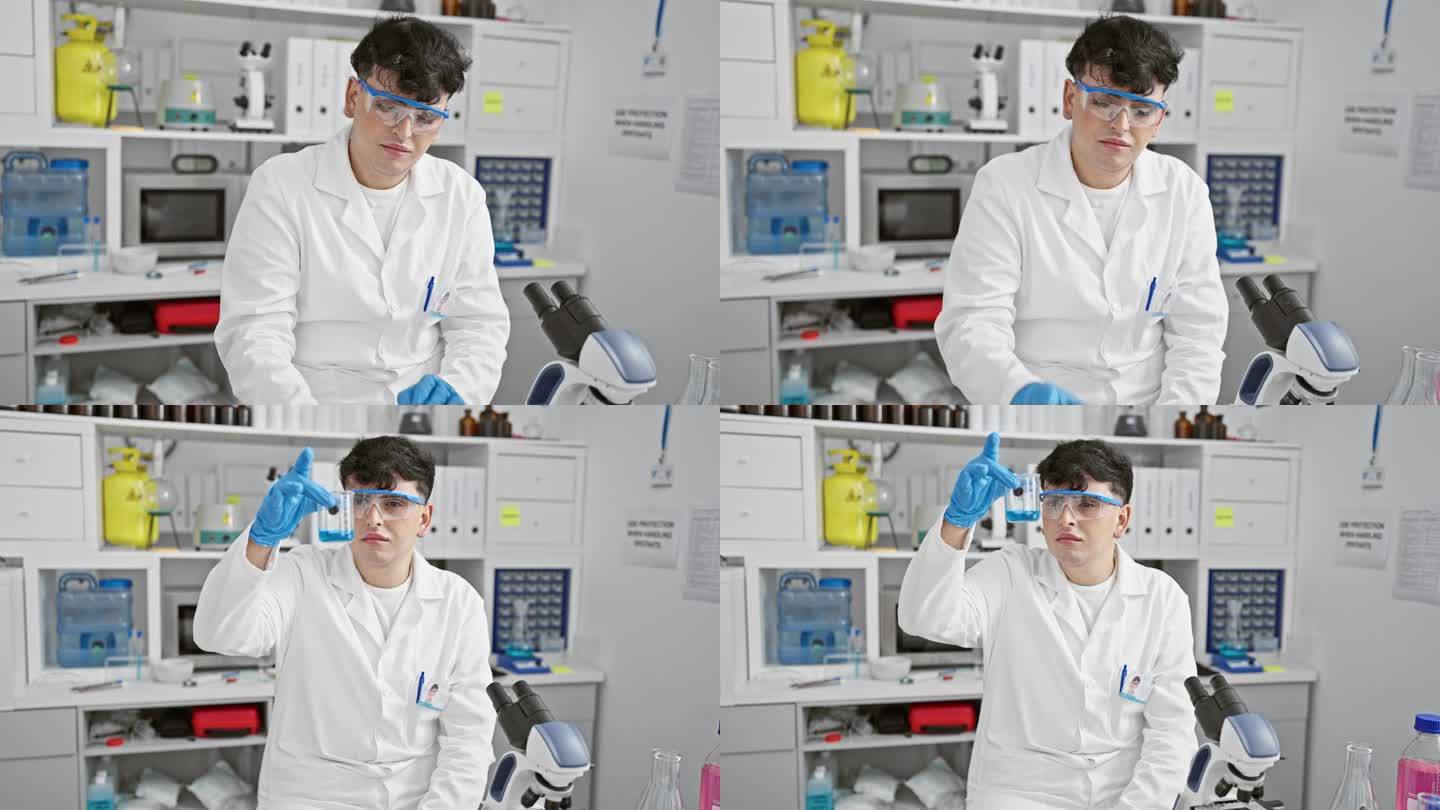 一个穿着实验室大褂的人在一个现代化的实验室里检查试管，显微镜和烧杯表明科学研究。