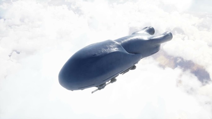 军用未来船在云中飞行。入侵。
