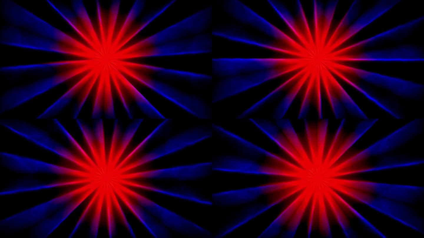 在蓝色和黑色径向线图案上旋转和扩展红色透镜光晕