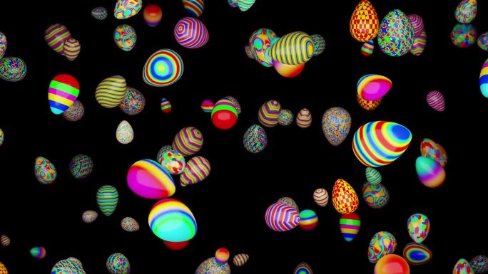 彩色复活节彩蛋下降与alpha通道覆盖无缝循环3D渲染。各种彩蛋图案，复活节快乐。耶稣受难的日子