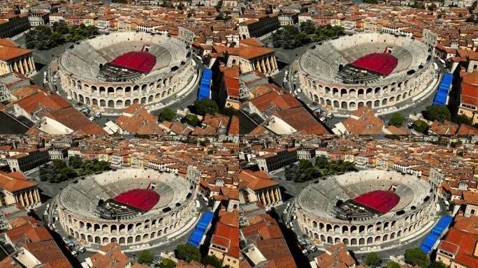 古罗马圆形剧场雄伟地矗立在住宅的屋顶之间