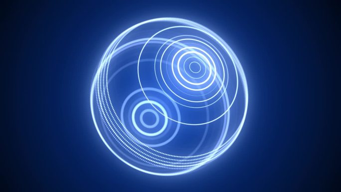 太空中未来的蓝色科幻球体。科技圈一个网络连接大数据。带有粒子的数字ai背景。抽象框架球。三维线框几何
