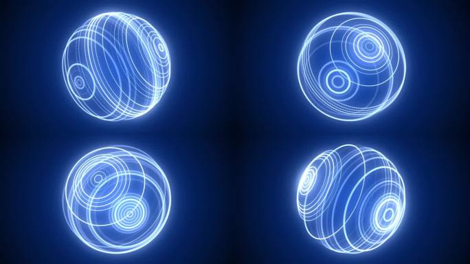 太空中未来的蓝色科幻球体。科技圈一个网络连接大数据。带有粒子的数字ai背景。抽象框架球。三维线框几何