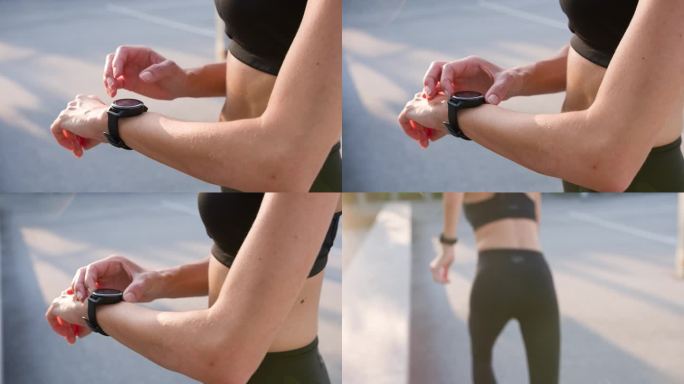 一个有健康意识的女人早上在户外跑步，在智能手表上检查她的速度