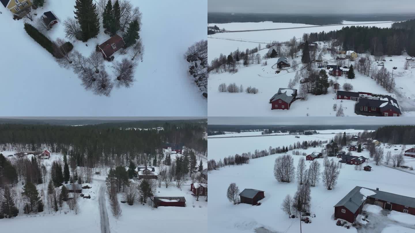 航拍北欧E4公路村庄雪景