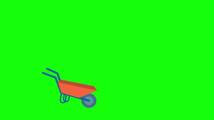 红色的手推车。花园独轮车孤立在绿色背景。花园手推车从左上角驶出，穿过整个屏幕，消失在右下角。二维动画