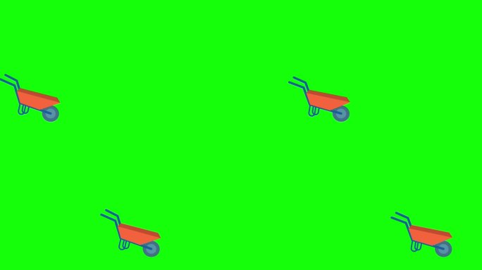 红色的手推车。花园独轮车孤立在绿色背景。花园手推车从左上角驶出，穿过整个屏幕，消失在右下角。二维动画