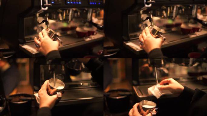 咖啡师用咖啡机在水罐里搅打牛奶