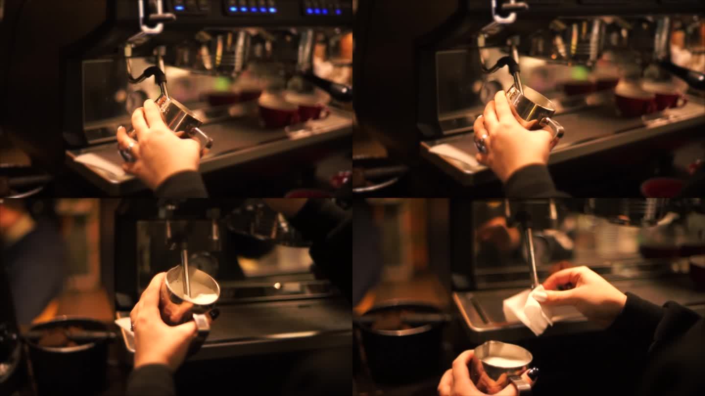 咖啡师用咖啡机在水罐里搅打牛奶