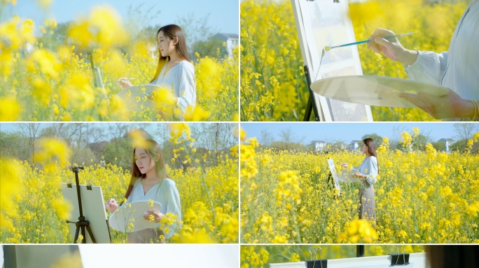 油菜花田里少女画画写生唯美清新