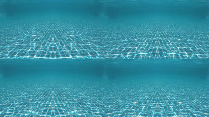 水下观室外游泳池，阳光穿过水面的慢动作场景
