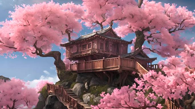 粉色树木上的树屋