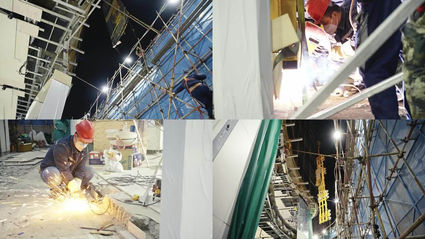 巨型玻璃幕墙吊装 电焊作业 施工现场
