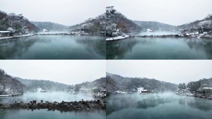 航拍南京浦口珍珠泉冬天的雪景