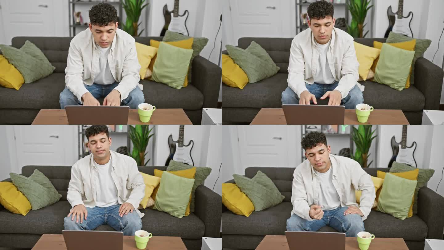 一个年轻人在舒适的客厅里用笔记本电脑工作，第二张照片表现出沮丧，第三张照片表现出宽慰。