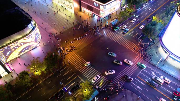 杭州西湖龙翔桥步行街广场车流人流夜景延时