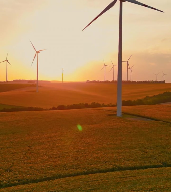空中可再生能源和谐:庄严的风力涡轮机矗立在金色的承诺领域的宁静日落无人机镜头