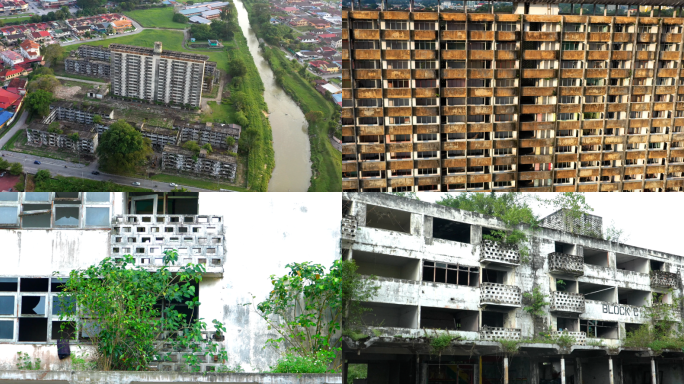 航拍马来西亚怡保大型废弃楼群4k