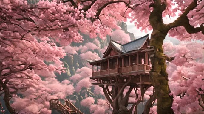 粉色树木上的树屋