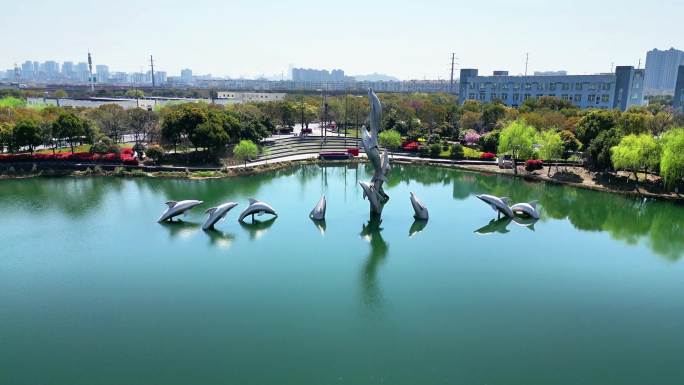 航拍春天里的苏州昆山玉湖湿地公园