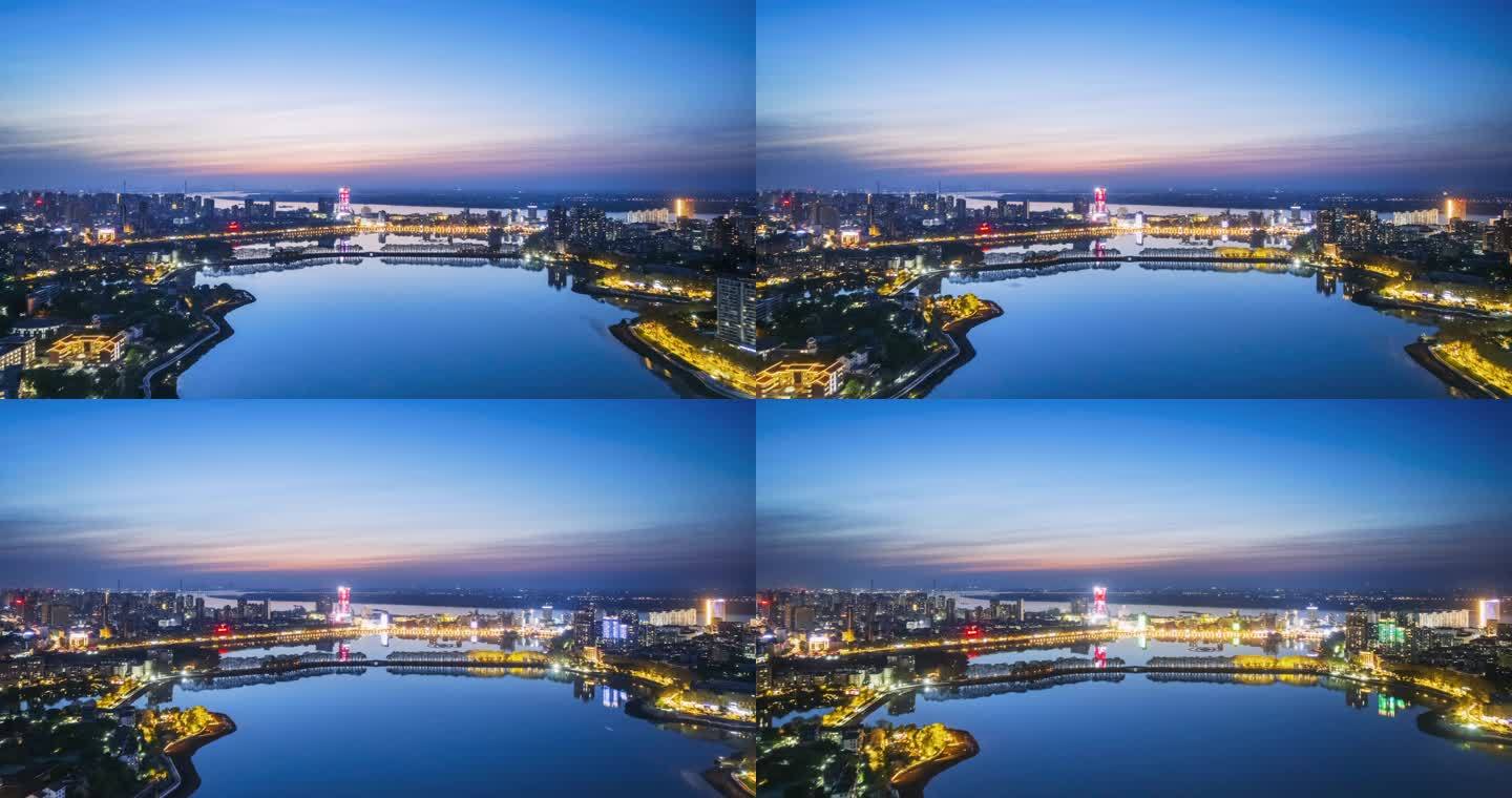 江西九江两湖城景夜幕降临航拍延时