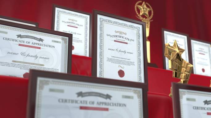 政府企业红色丝绸背景奖杯证书展示