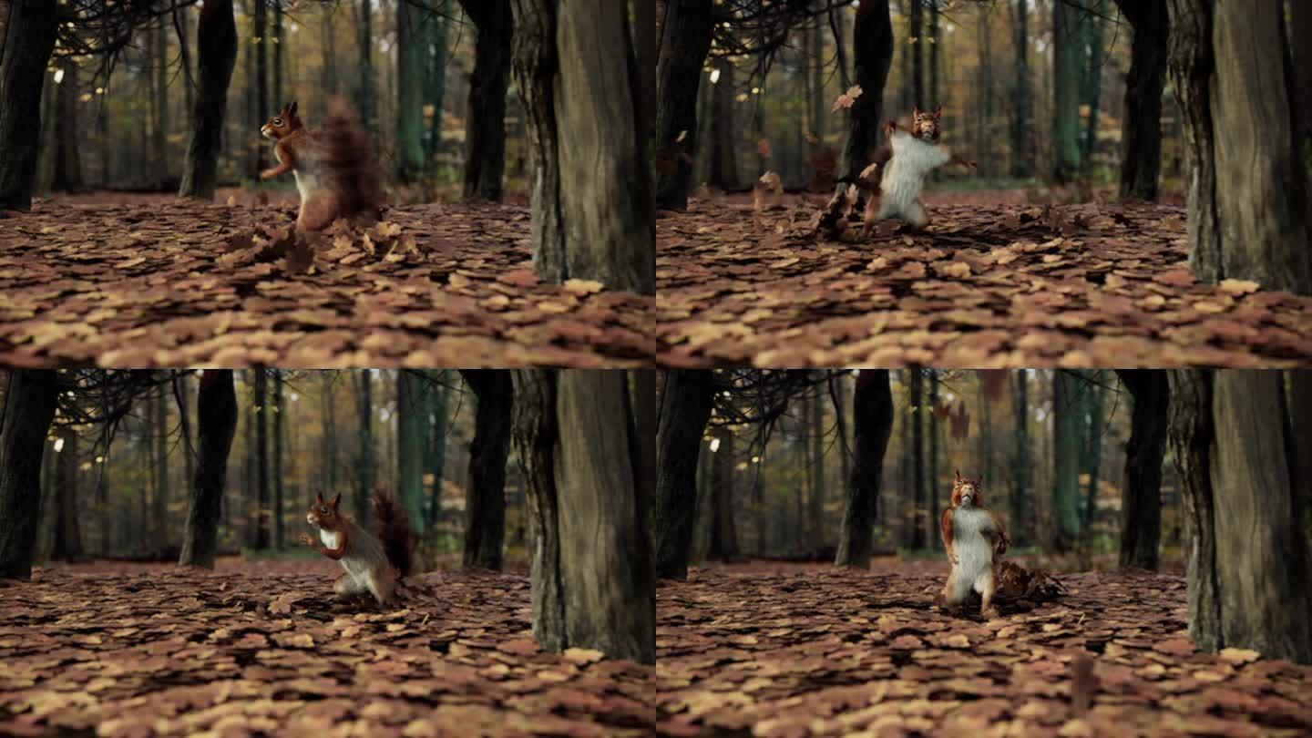红松鼠在落叶上跳舞