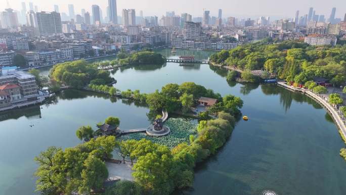 江西南昌八一公园航拍百花洲城市地标风景风