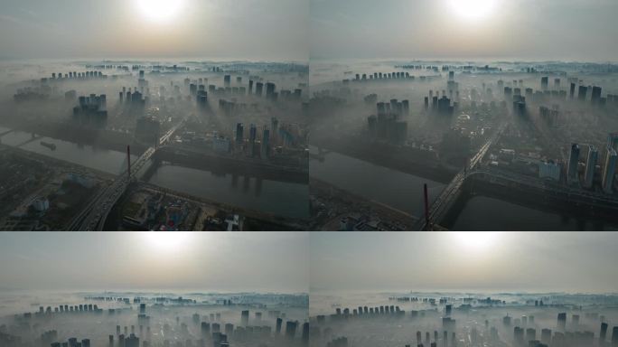 宜昌市西陵区至喜大桥早高峰航拍延时平流雾
