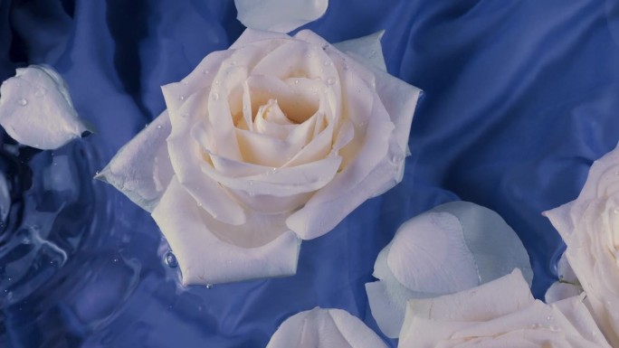 白色玫瑰的花朵和花瓣漂浮在深蓝色的背景上，在水面上荡起涟漪。