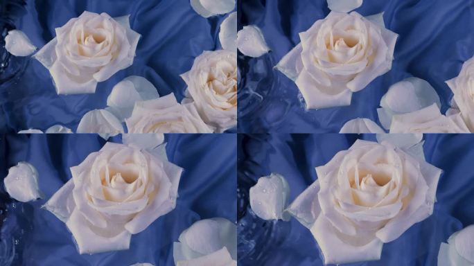 白色玫瑰的花朵和花瓣漂浮在深蓝色的背景上，在水面上荡起涟漪。