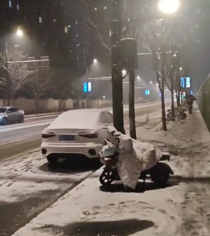 雪夜的路灯下走在路边的小道上