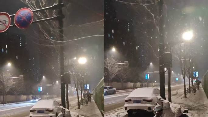 雪夜的路灯下走在路边的小道上