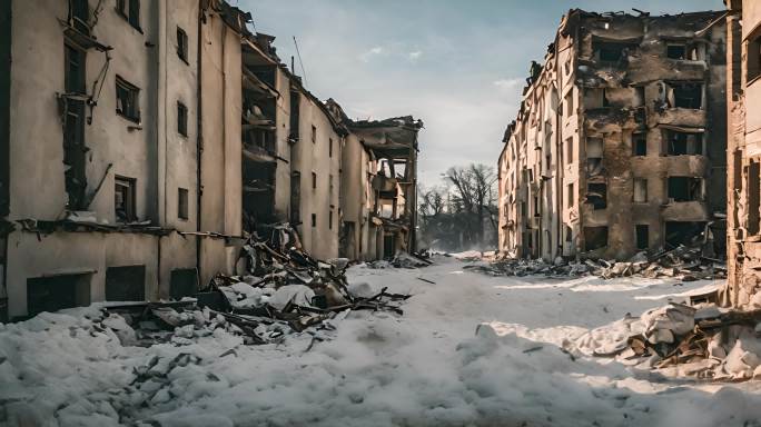 炸弹战争冬季空袭摧毁建筑房屋